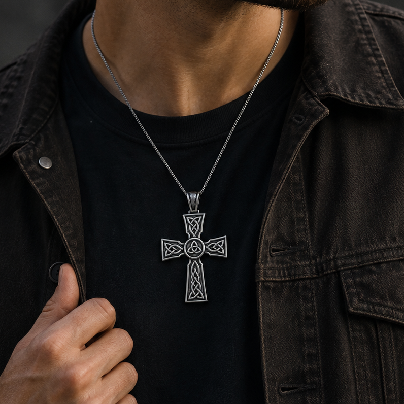 A silver cross pendant necklace is worn by a person in a black shirt.