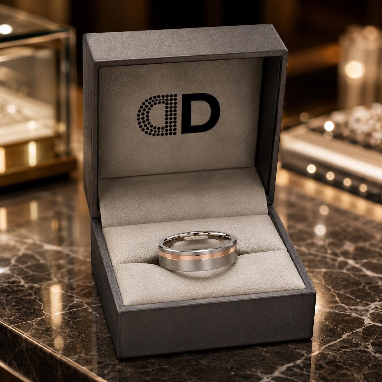 A silver ring is displayed in a black jewelry box with the letters "CD" printed on it.