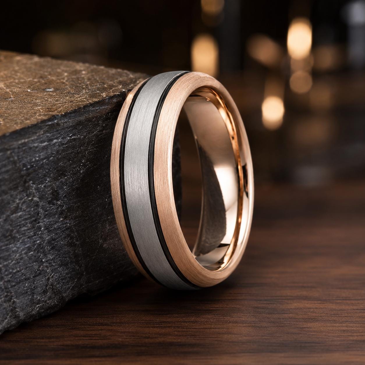 A gold and silver ring with a thin band is resting on a wooden surface, with a blurred background.