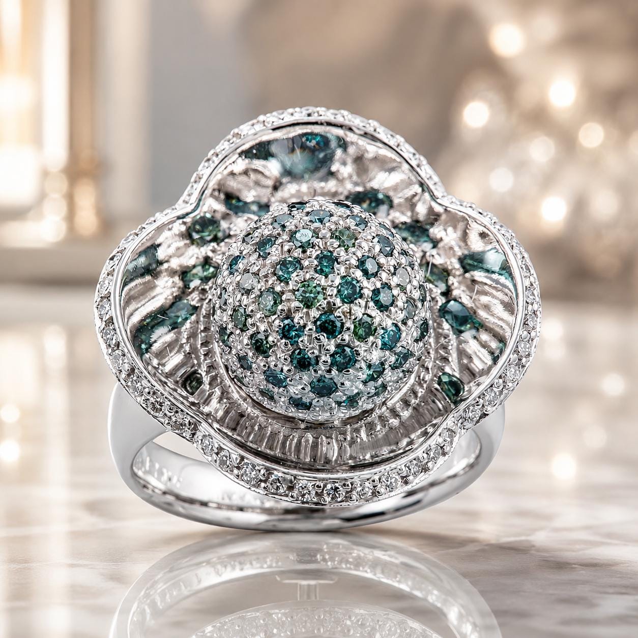 A silver ring with a large, intricately designed blue gemstone at the center, surrounded by smaller blue gemstones.