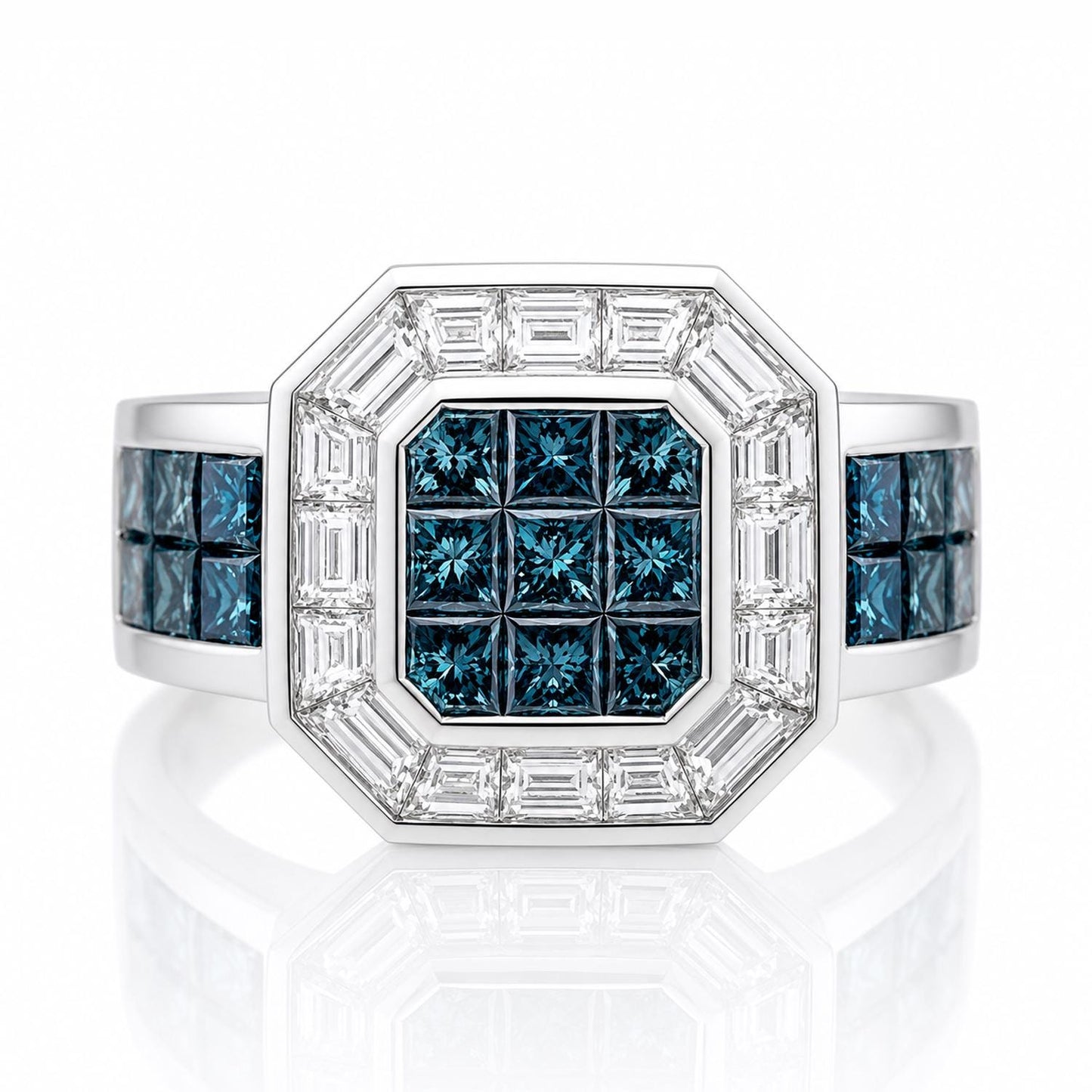 A silver ring with a large central diamond surrounded by smaller diamonds, set in a white band.