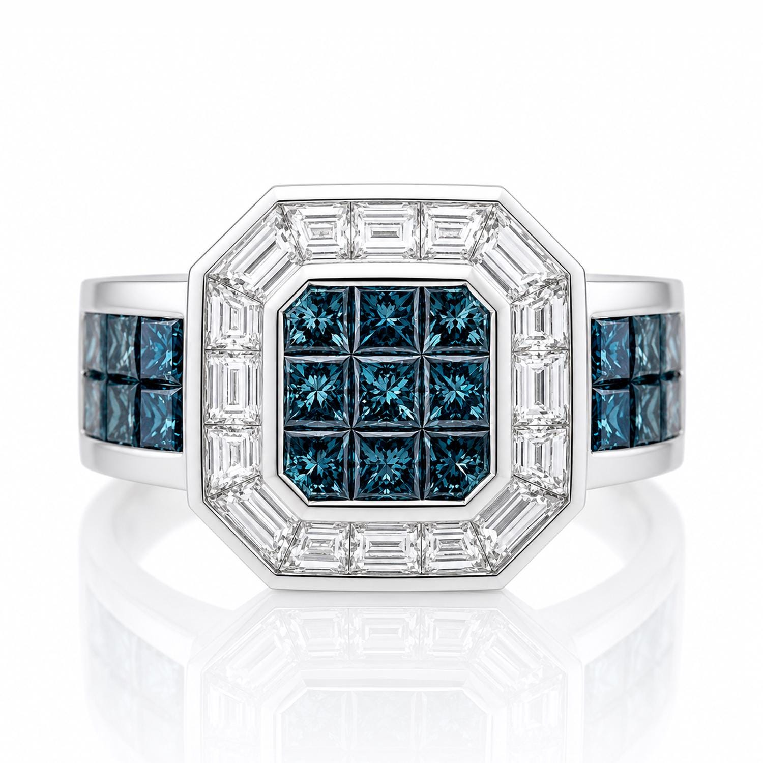 A silver ring with a large central diamond surrounded by smaller diamonds, set in a white band.