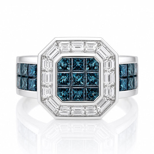 A silver ring with a large central diamond surrounded by smaller diamonds, set in a white band.