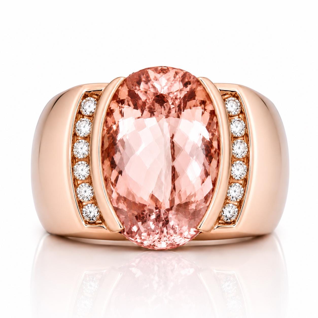 A gold ring with a large oval-shaped gemstone in the center, surrounded by smaller diamonds.