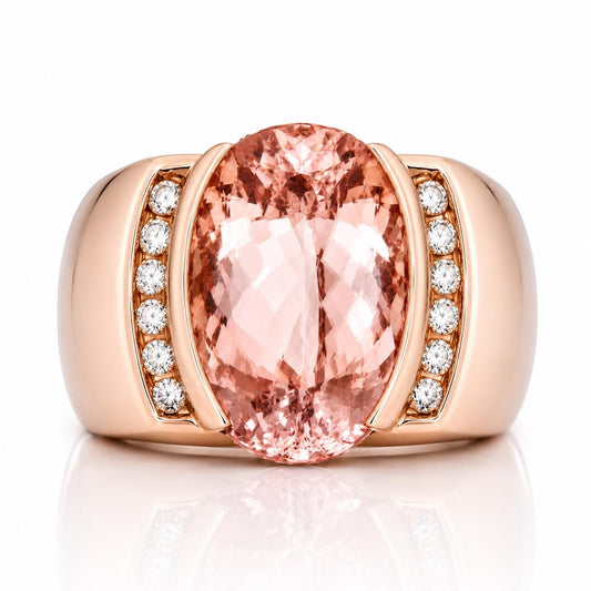 A gold ring with a large oval-shaped gemstone in the center, surrounded by smaller diamonds.