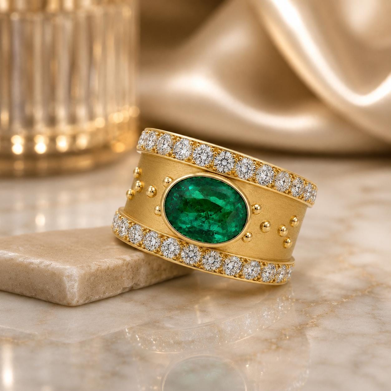 A gold ring with a large oval-shaped green gemstone, surrounded by smaller diamonds, is displayed on a marble surface.