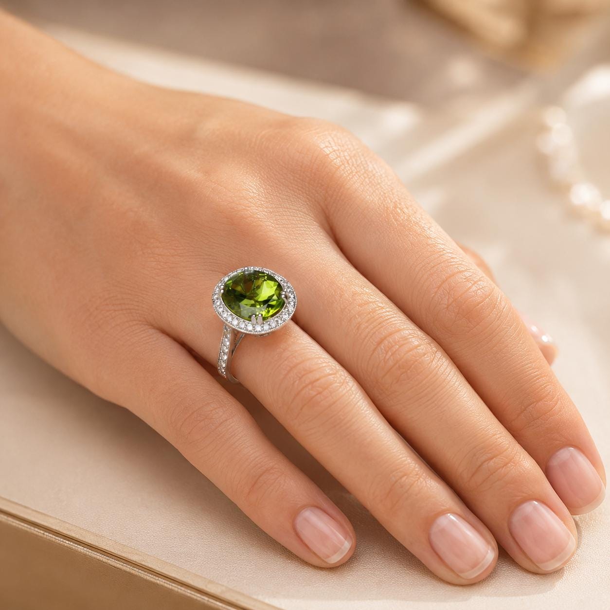 A close-up of a hand wearing a ring with a large, green gemstone.