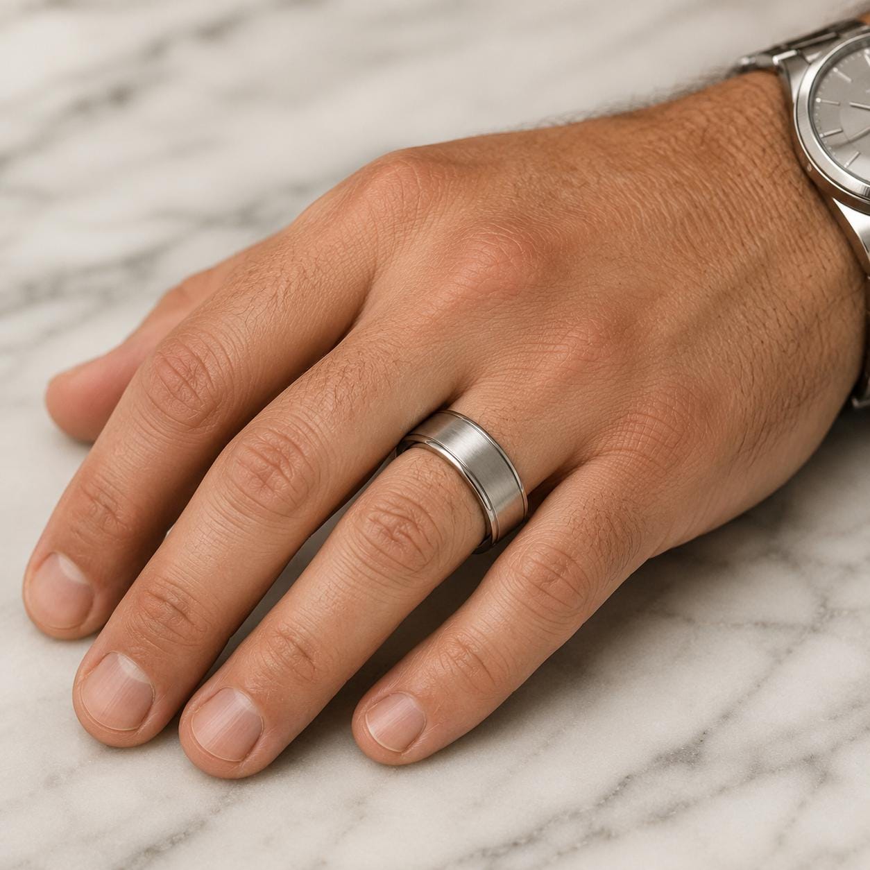 A close-up image of a person's hand wearing a silver ring on the ring finger.