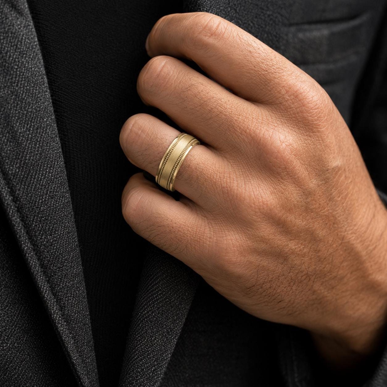 A close-up of a person's hand wearing a gold ring, with a black jacket visible in the background.
