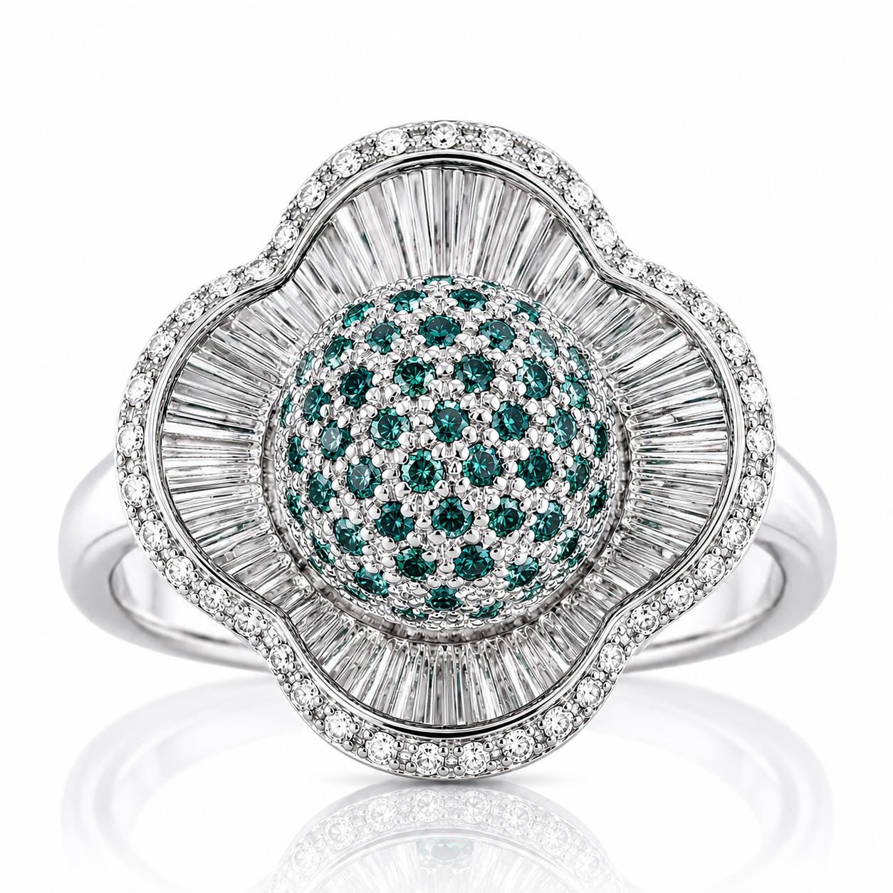 A silver ring with a large, round gemstone at the center, surrounded by a decorative pattern of smaller diamonds.