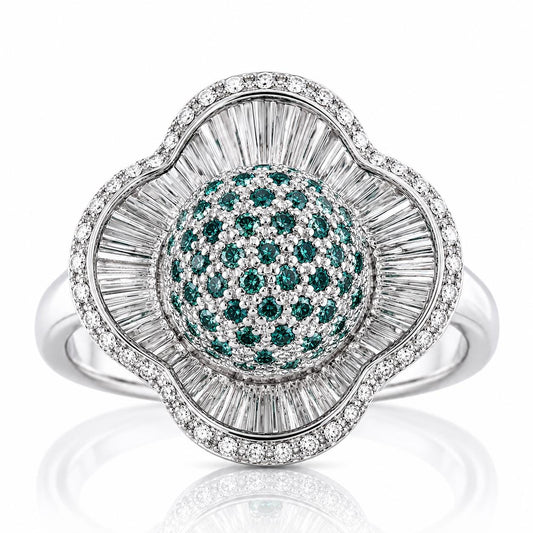 A silver ring with a large, round gemstone at the center, surrounded by a decorative pattern of smaller diamonds.