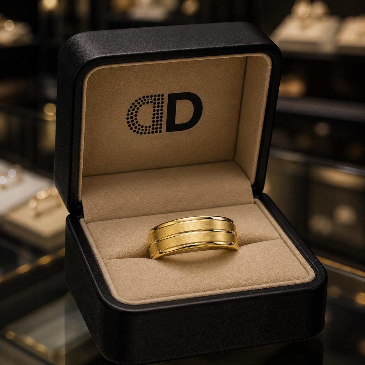 A gold ring is displayed in a black jewelry box with a logo on the inside.