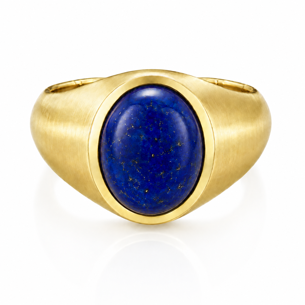 A gold ring with a large blue lapis lazuli gemstone set in the center.