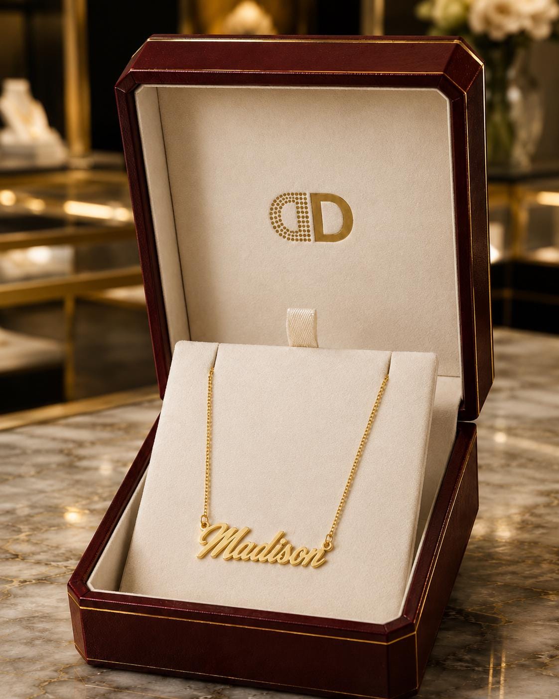 A gold necklace with the name "Madison" engraved on it, displayed in a burgundy jewelry box with a gold logo.