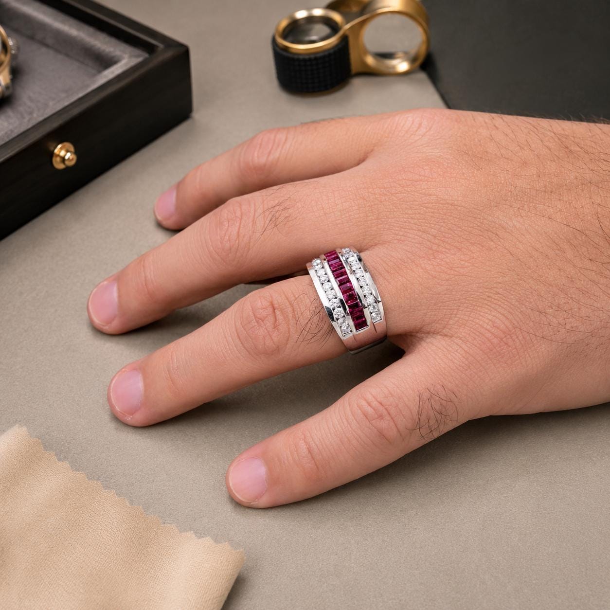 A close-up of a person's hand wearing a ring with a large band and a row of smaller diamonds on the ring.