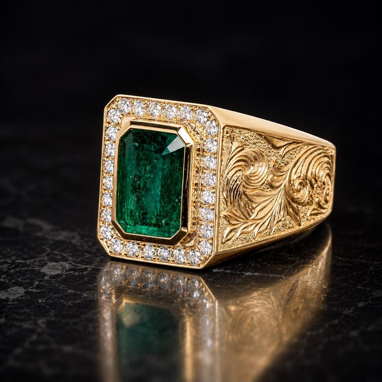 A gold ring with a large green gemstone set in the center, surrounded by smaller diamonds.