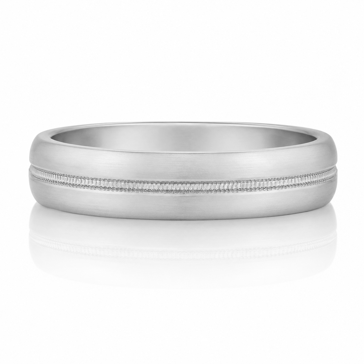 A silver-colored ring with a row of small diamonds along the inside edge.
