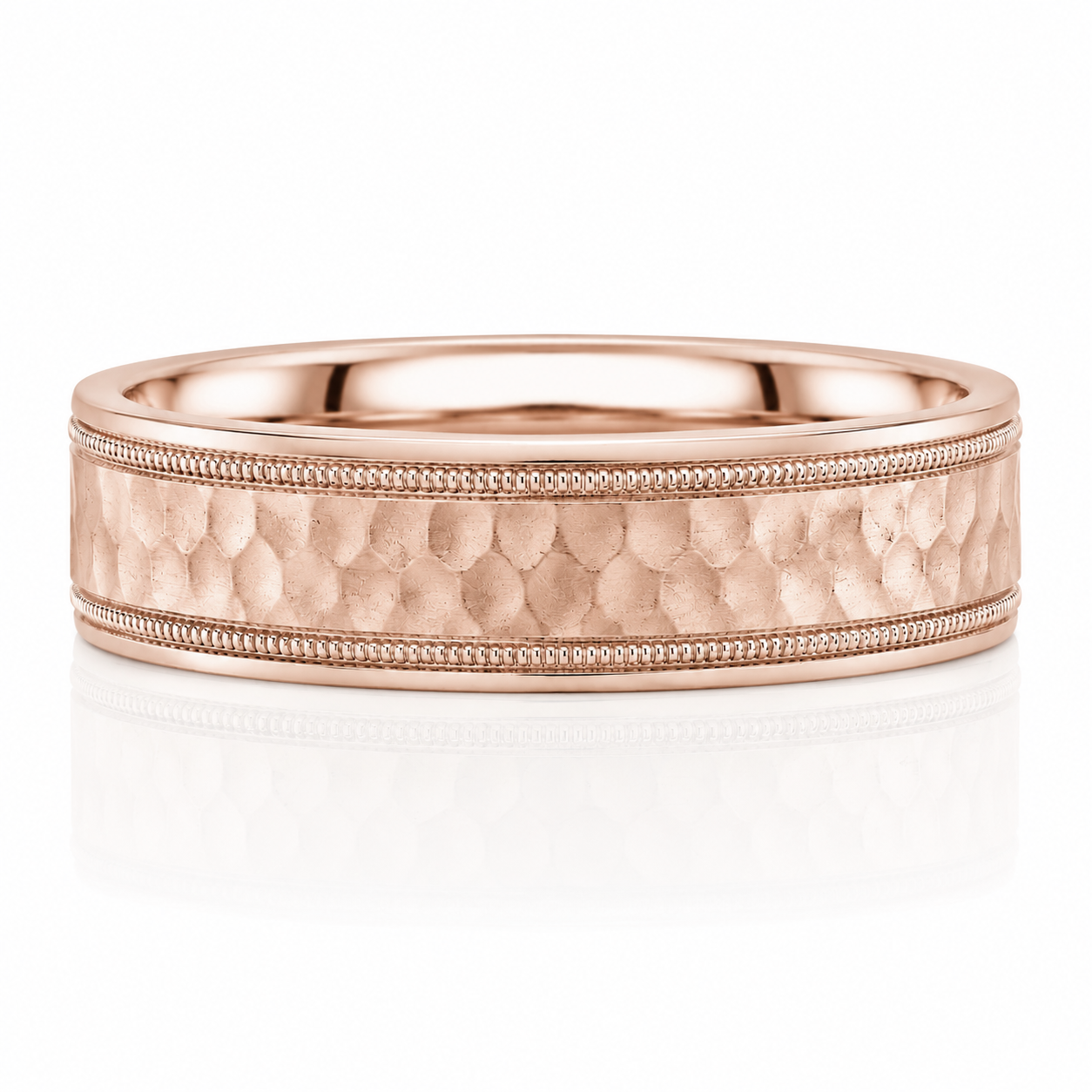 A rose gold band with a textured surface and a decorative border.