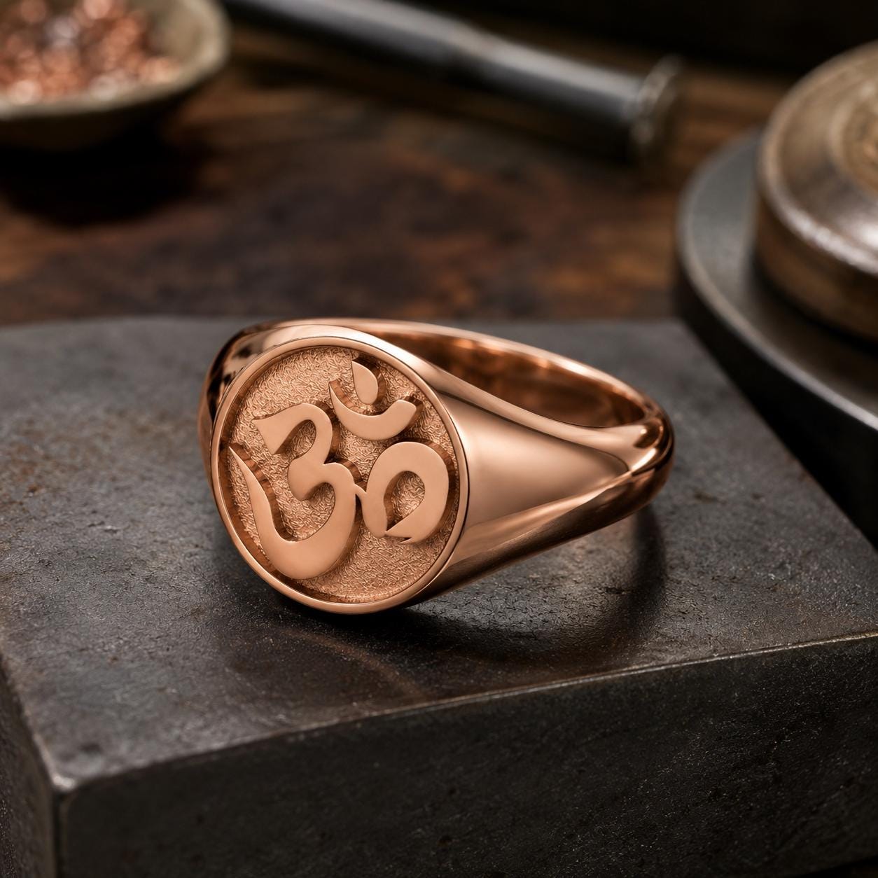 A gold-colored ring with the Om symbol engraved on it, placed on a metal surface.