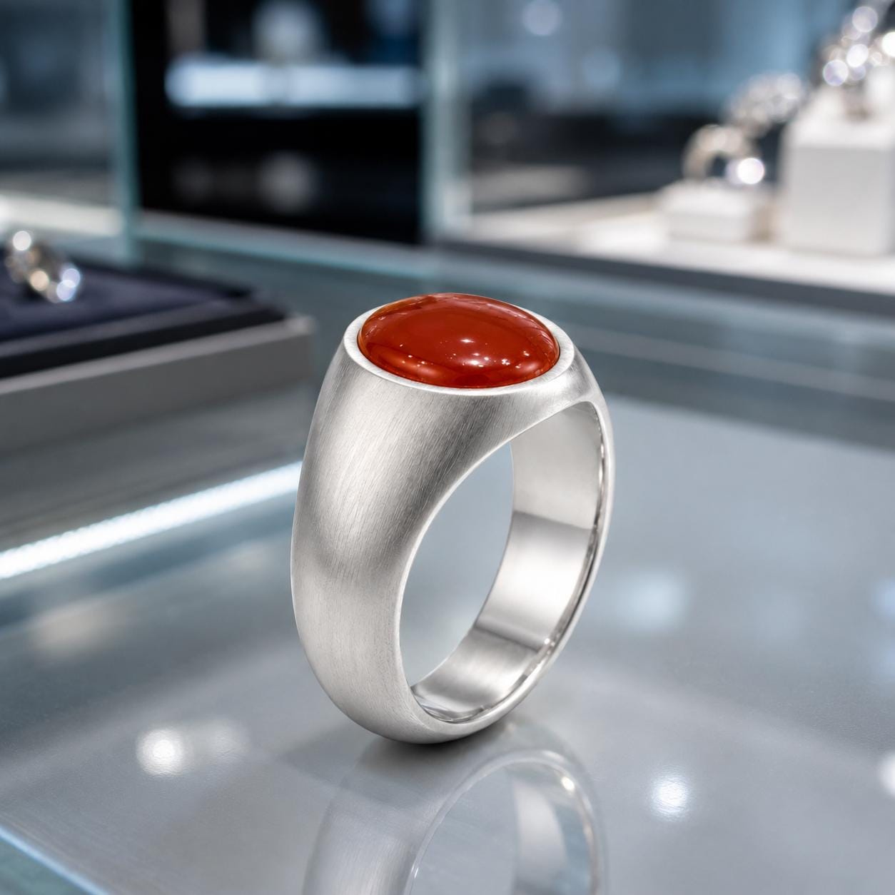 A silver ring with a red gemstone is displayed on a reflective surface, with other jewelry pieces visible in the background.