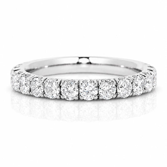 A diamond band with a row of round diamonds set in a silver band.