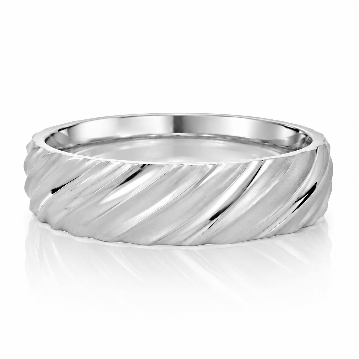 A silver ring with a twisted, ribbed design.