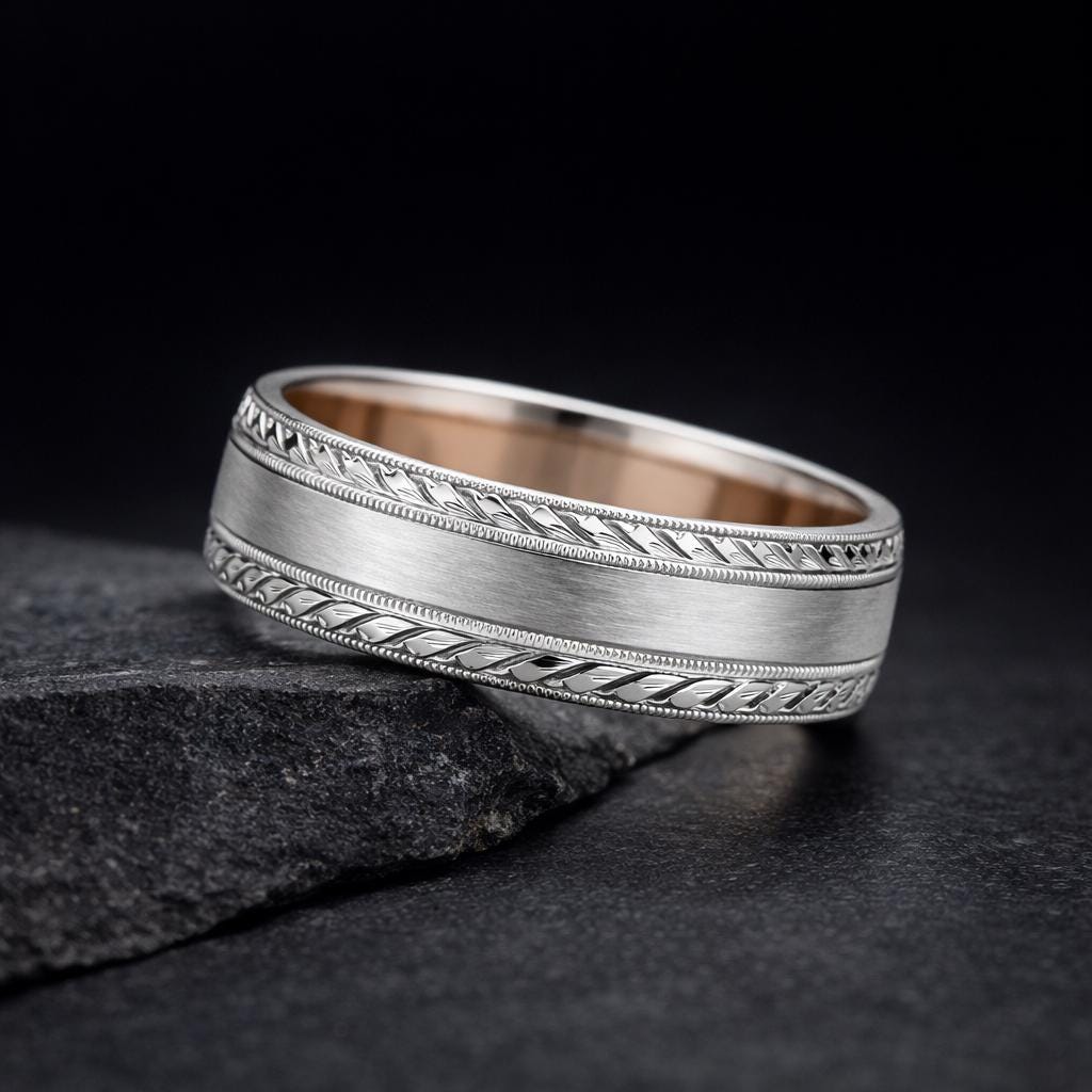 A silver ring with a decorative band sits on a dark surface, possibly a rock or a stone.