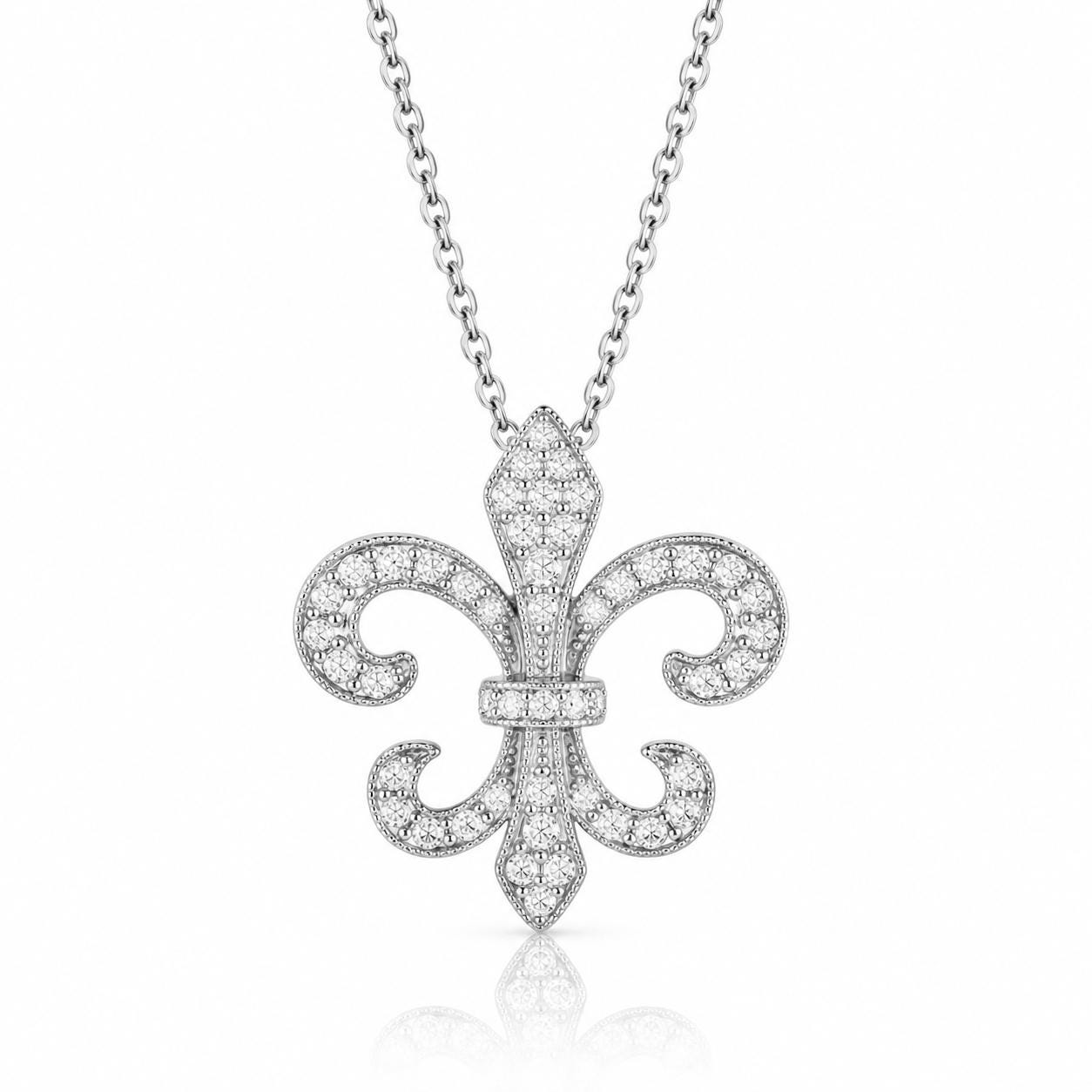 A silver-toned necklace with a pendant featuring a diamond-encrusted design resembling a fleur-de-lis flower.