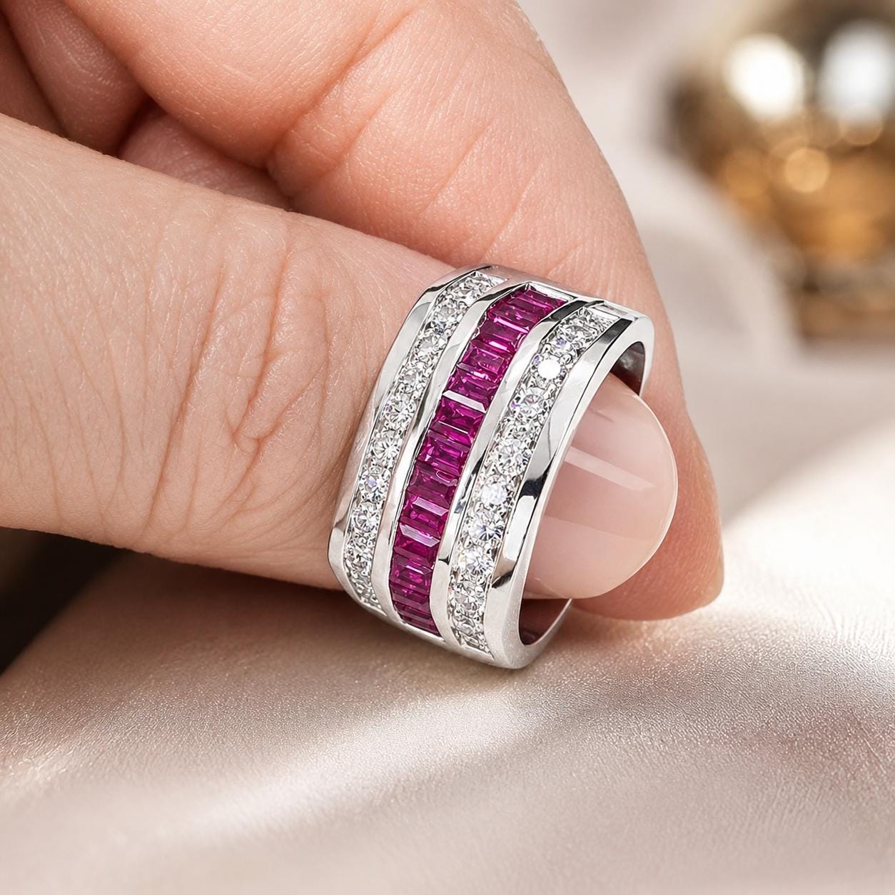 A close-up of a person's hand wearing a ring with a large, ornate band and a row of small, clear gemstones.