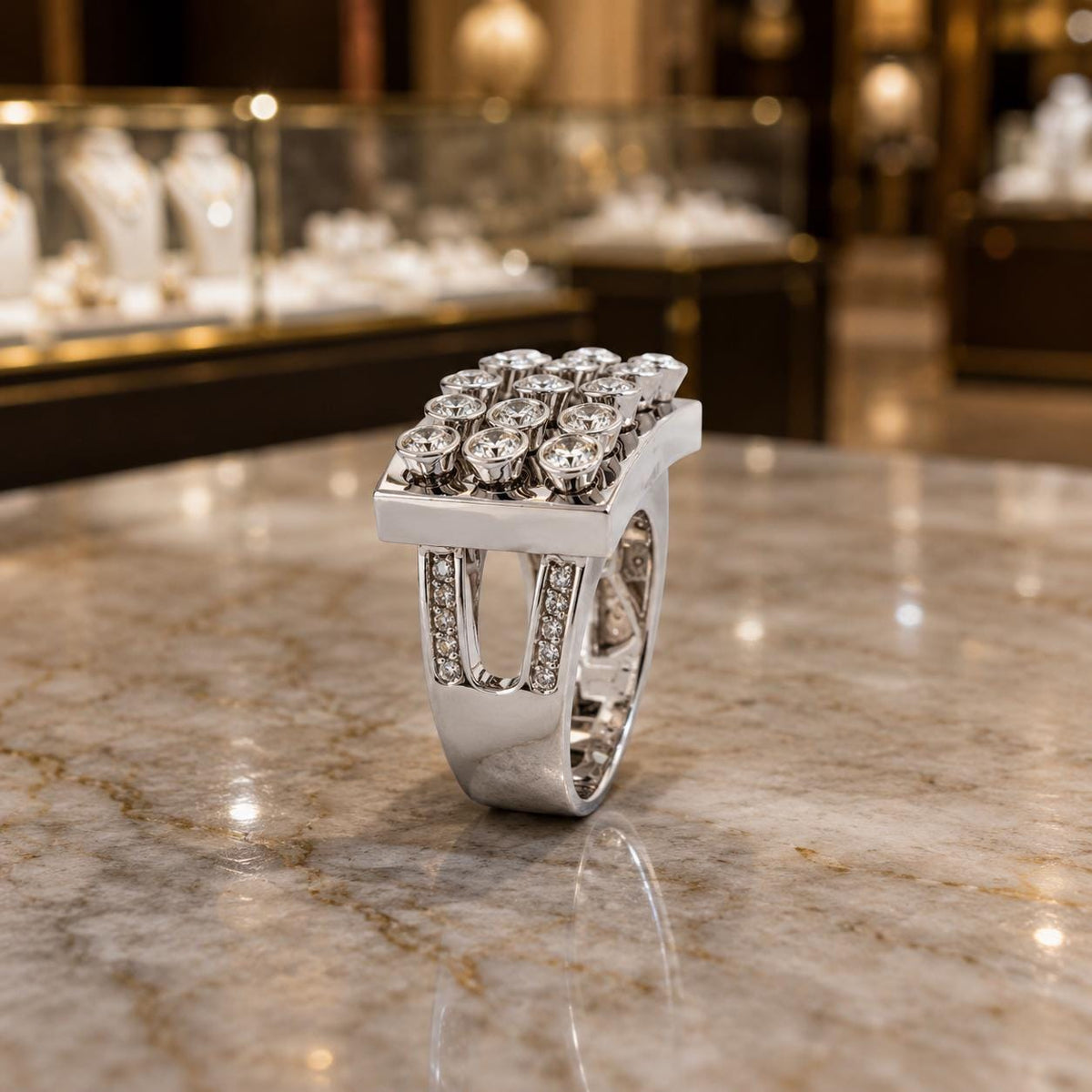 A silver ring with a large diamond set in the center, displayed on a marble countertop.