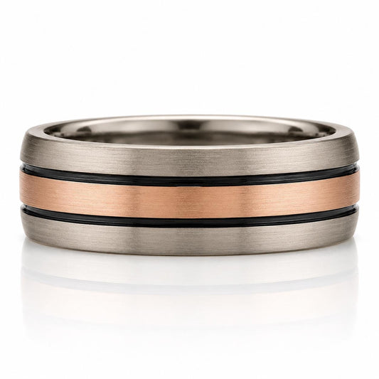 A silver and copper ring with a textured band design.