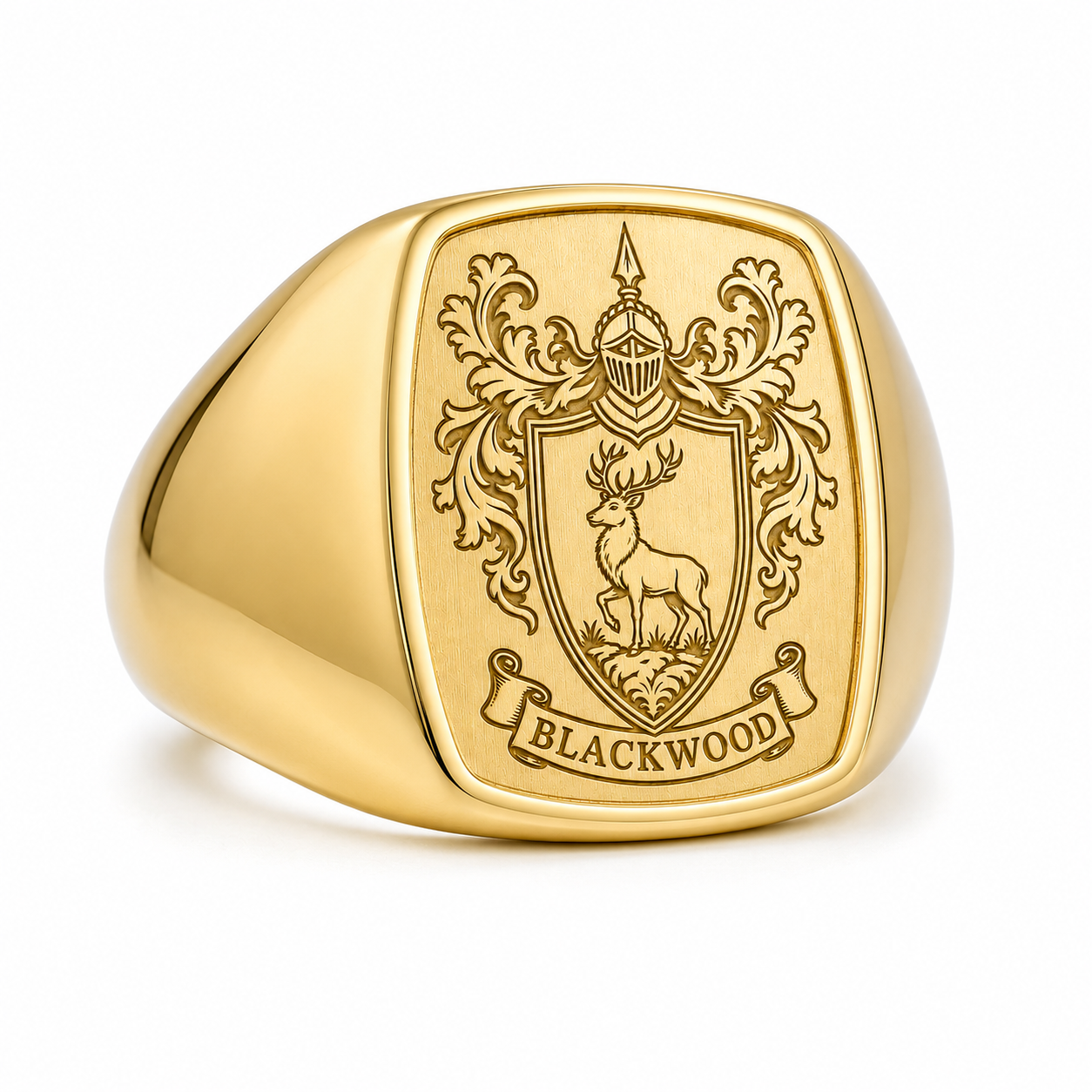 A gold ring with a crest featuring a shield and a deer, with the word "BLACKWOOD" below the deer.
