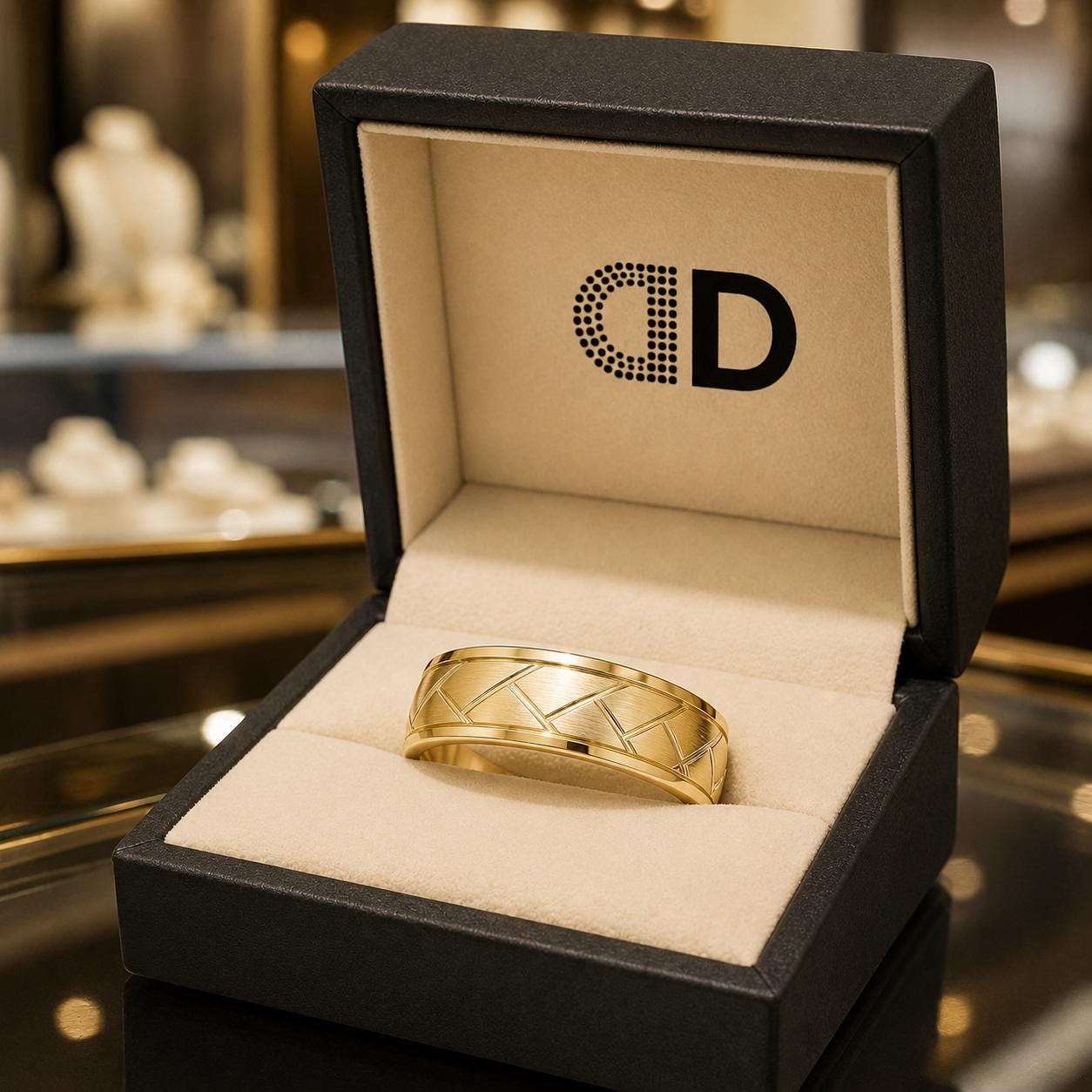 A gold ring is displayed in a black jewelry box with a logo on the lid.