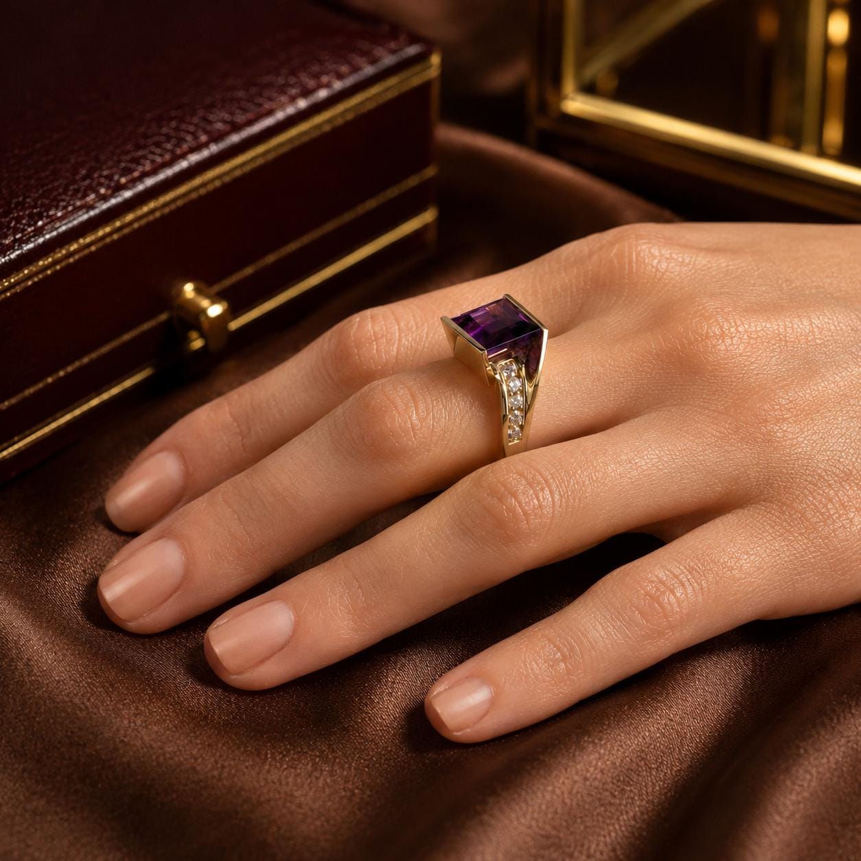A close-up of a hand wearing a gold ring with a purple gemstone, resting on a brown fabric surface.