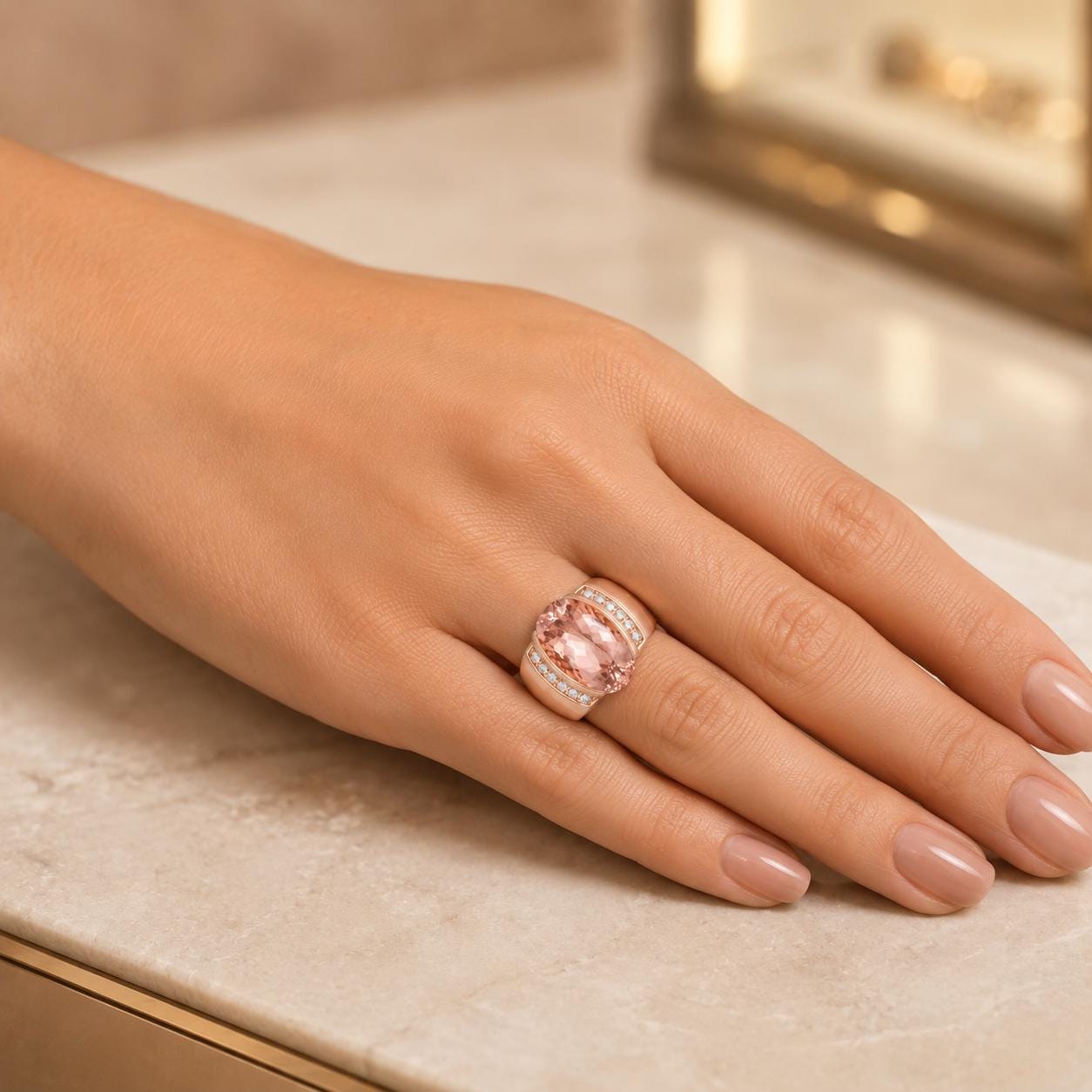 A close-up of a hand wearing a gold ring with a large pink gemstone.