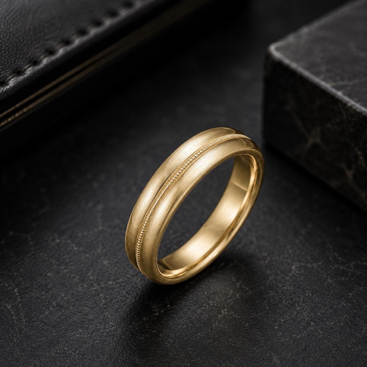 A gold ring with a simple, elegant design sits on a black surface.