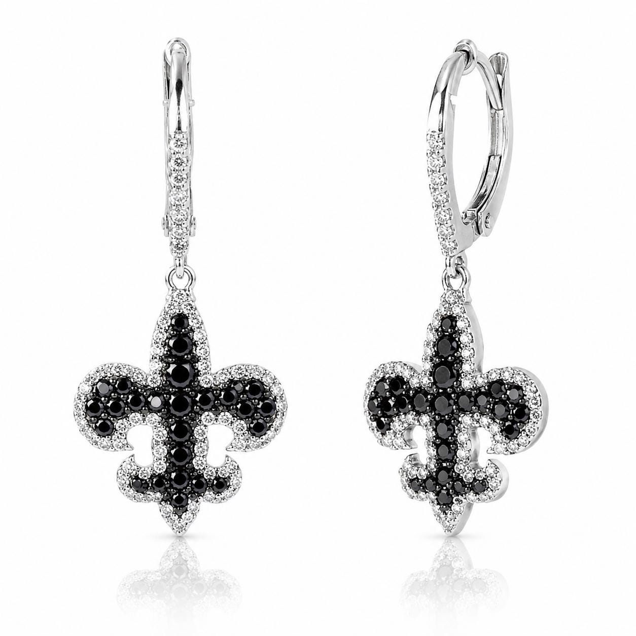 A pair of elegant earrings featuring a fleur-de-lis design, with black gemstones set in a silver-toned metal.