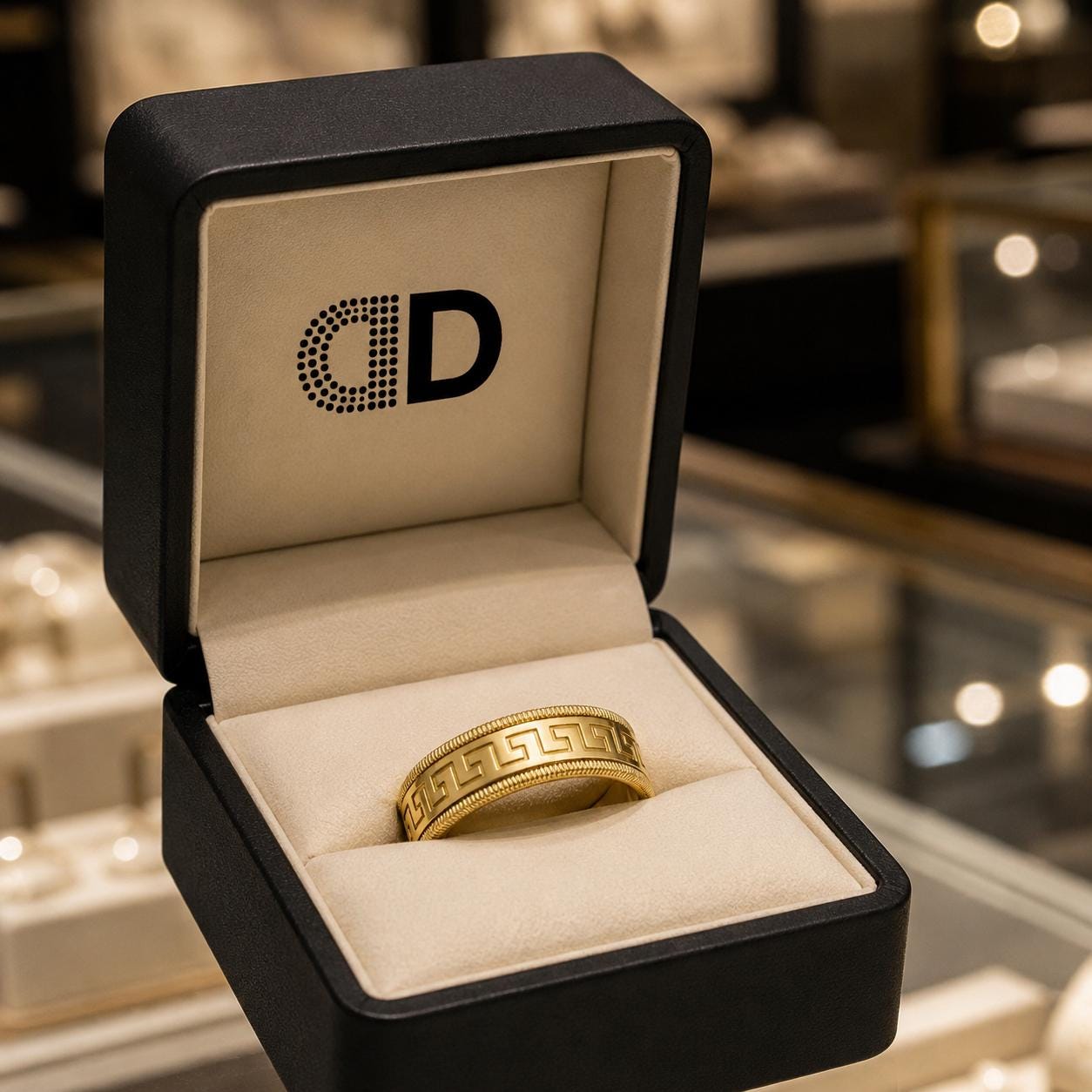 A gold ring is displayed in a black jewelry box with a white interior, placed on a glass countertop in a jewelry store.