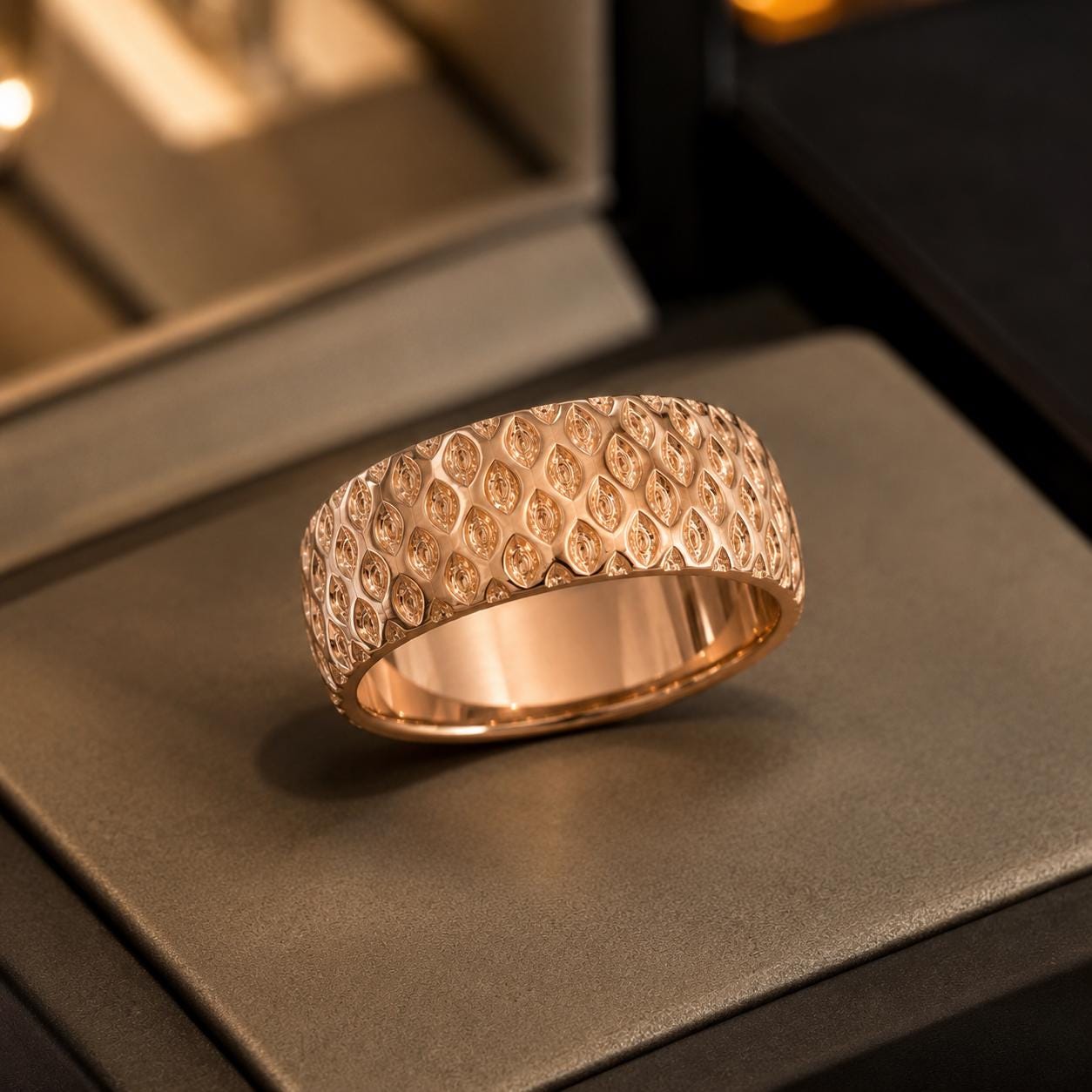 A gold ring with a textured design sits on a dark surface.