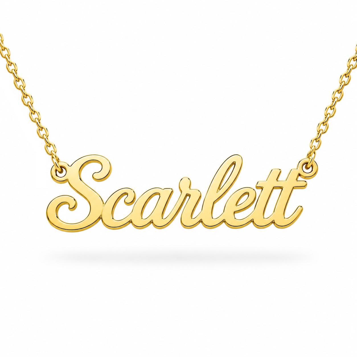 A gold-colored necklace with the name "Scarflet" engraved on it.