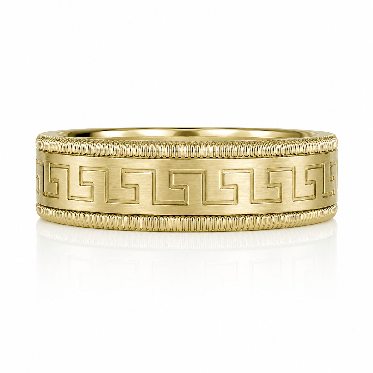 A gold ring with a decorative pattern of Greek key designs.