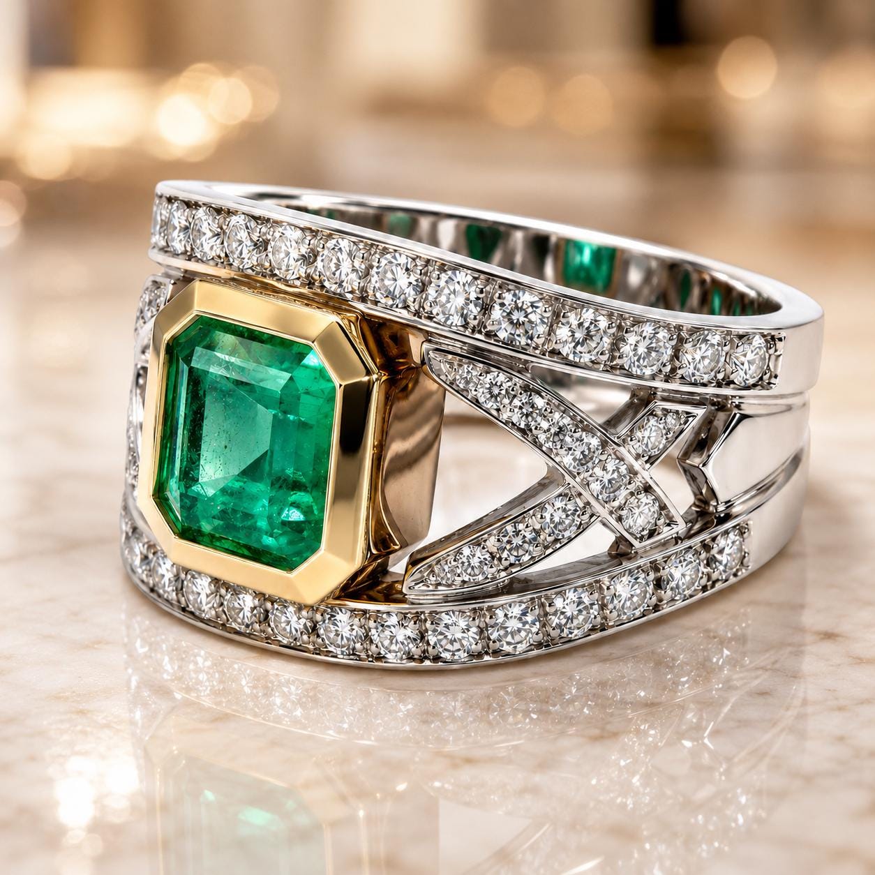 A close-up image of a diamond ring with a large, vibrant green gemstone set in a silver band adorned with smaller diamonds.