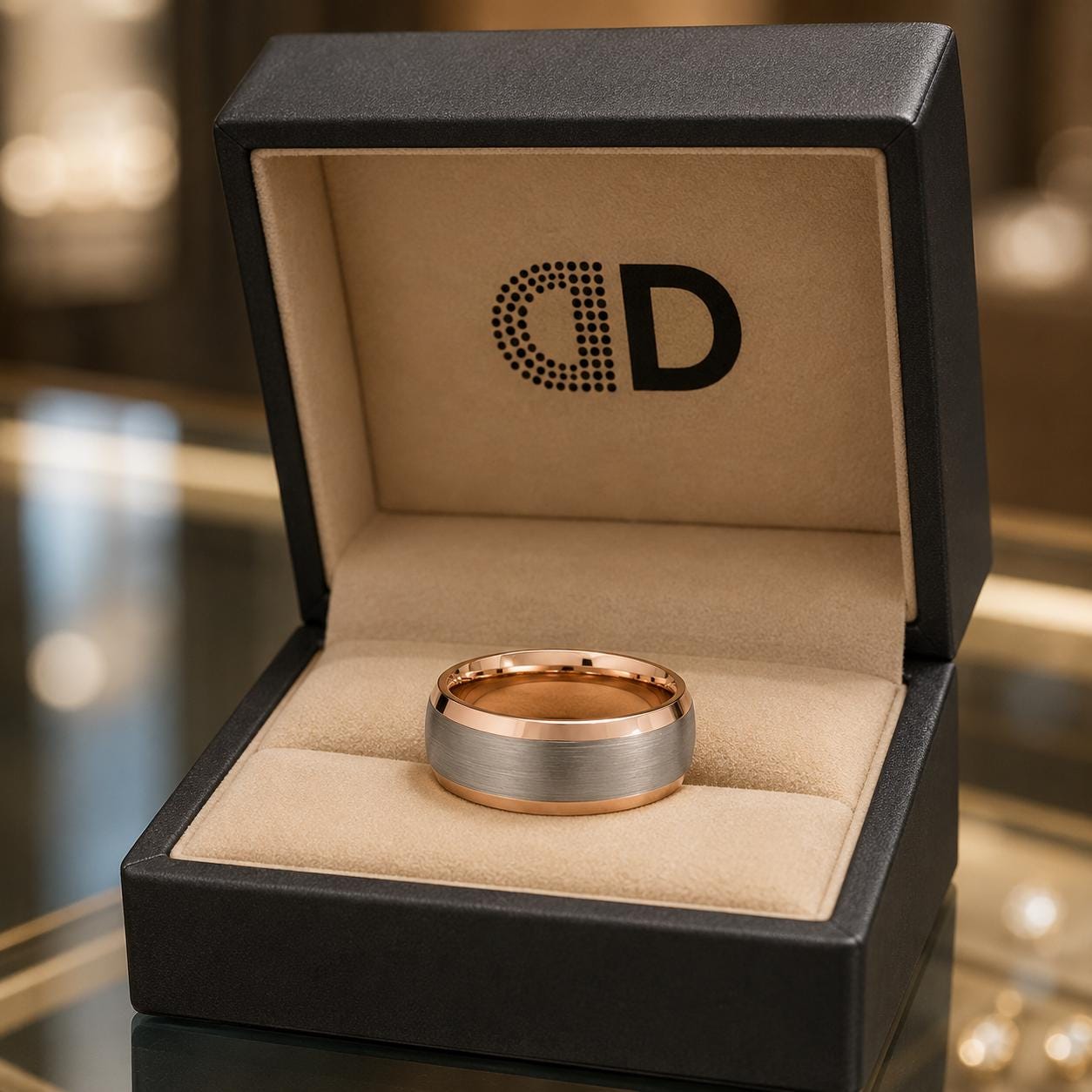 A gold and silver wedding ring is displayed in a black jewelry box with a logo on the lid.