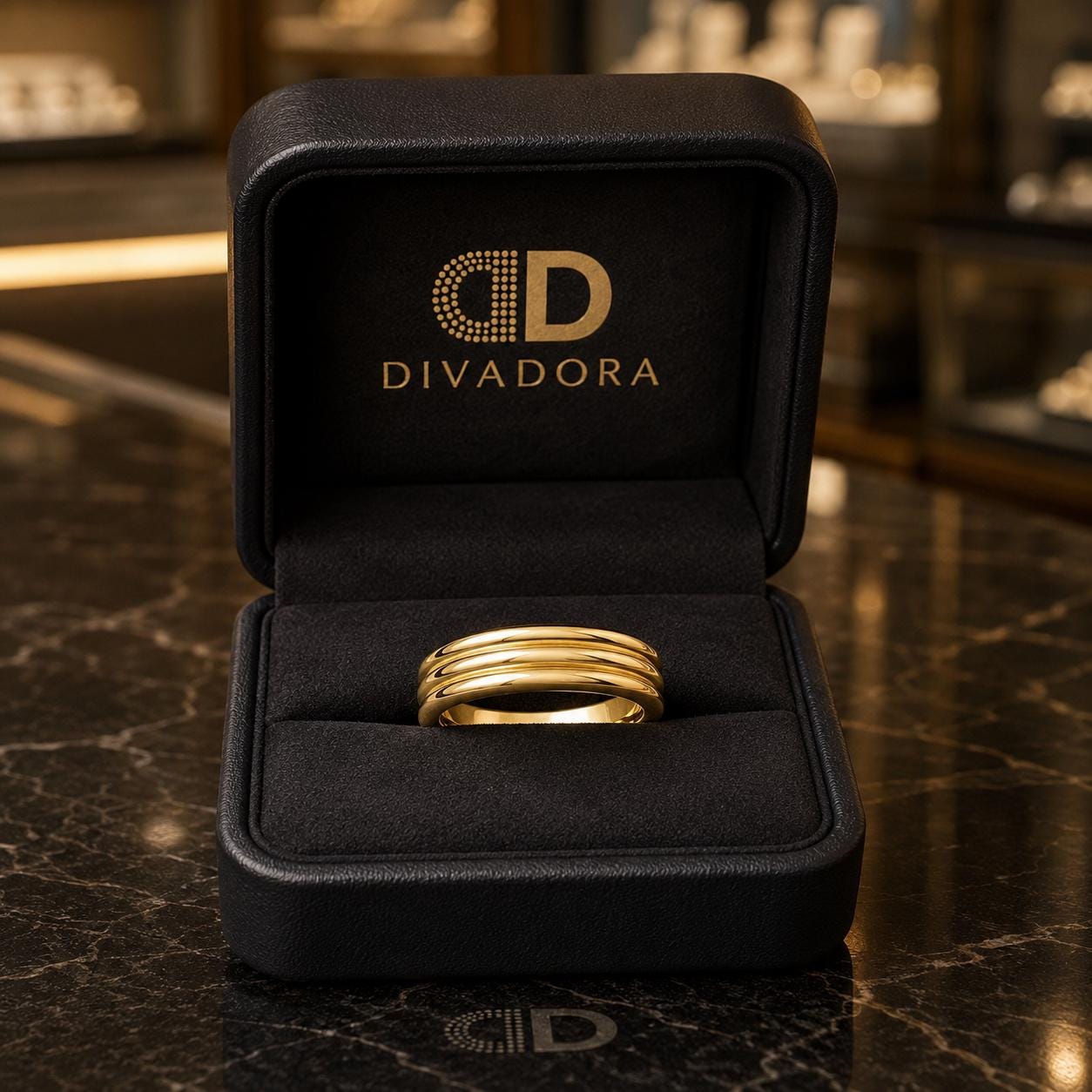 A gold ring is displayed in a black jewelry box with the Divadora logo on the lid.