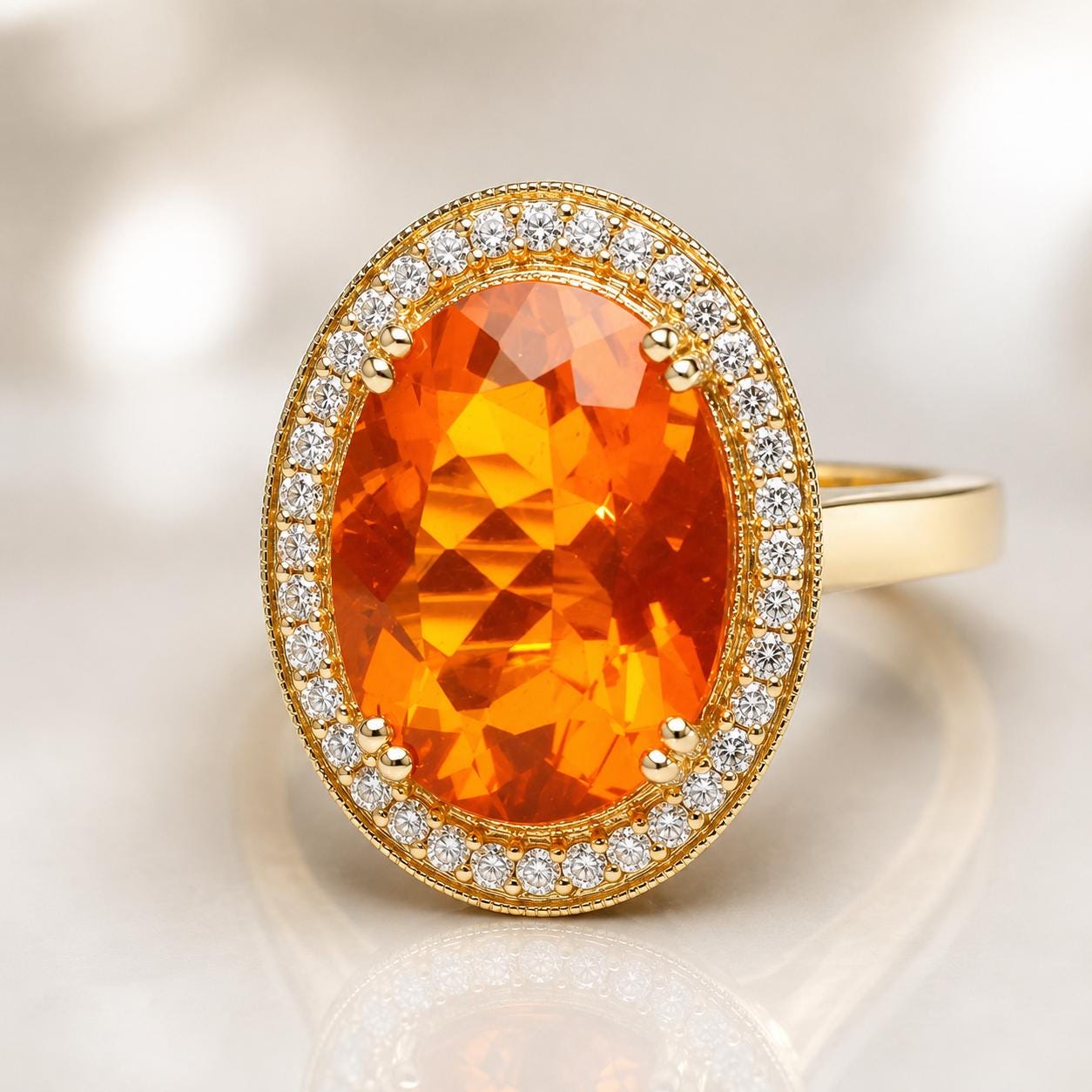 A large, oval-shaped gemstone ring with a gold band and a halo of smaller diamonds around the edge.