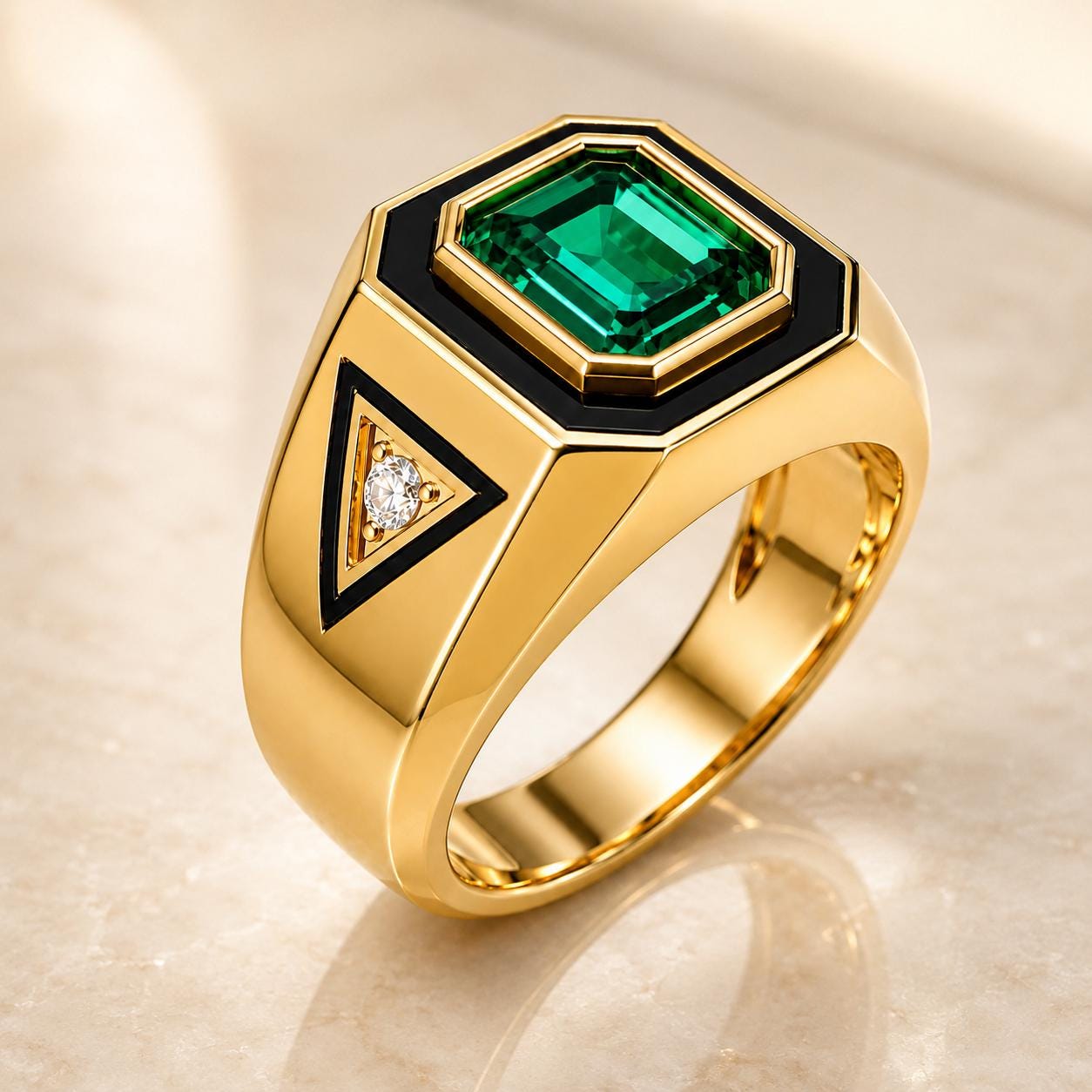 A gold ring with a large green gemstone in the center, surrounded by smaller diamonds and a triangular accent.