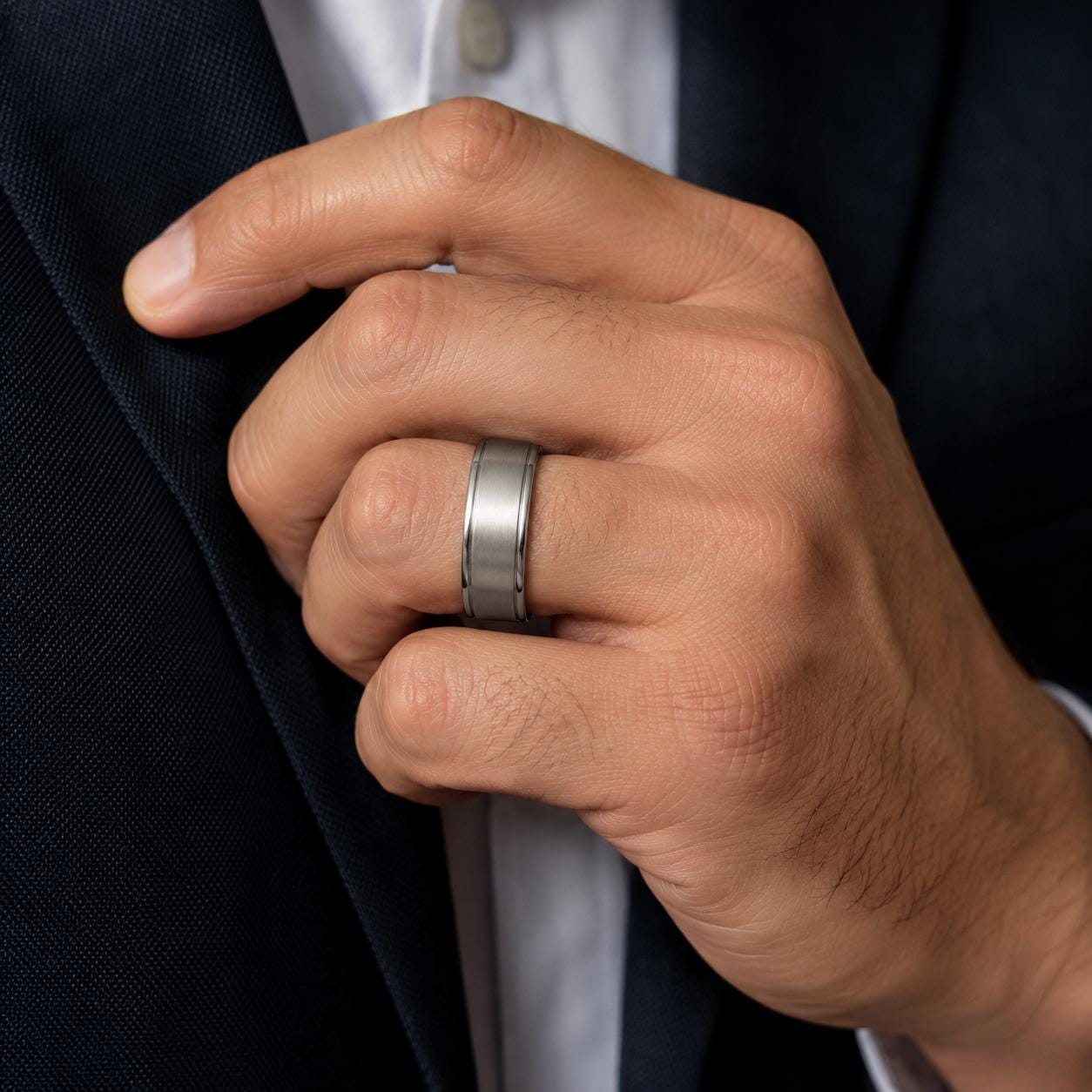 A close-up of a person's hand wearing a silver ring, with a suit jacket visible in the background.