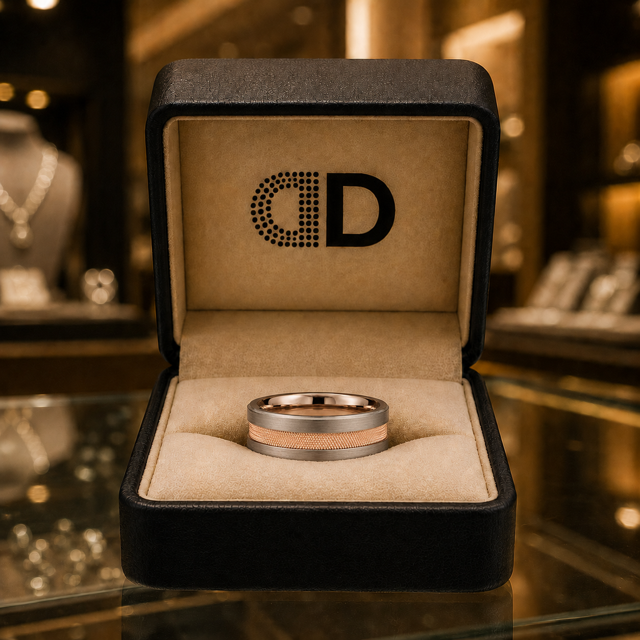 A silver ring is displayed in a black jewelry box with a gold-colored interior, placed on a glass table.