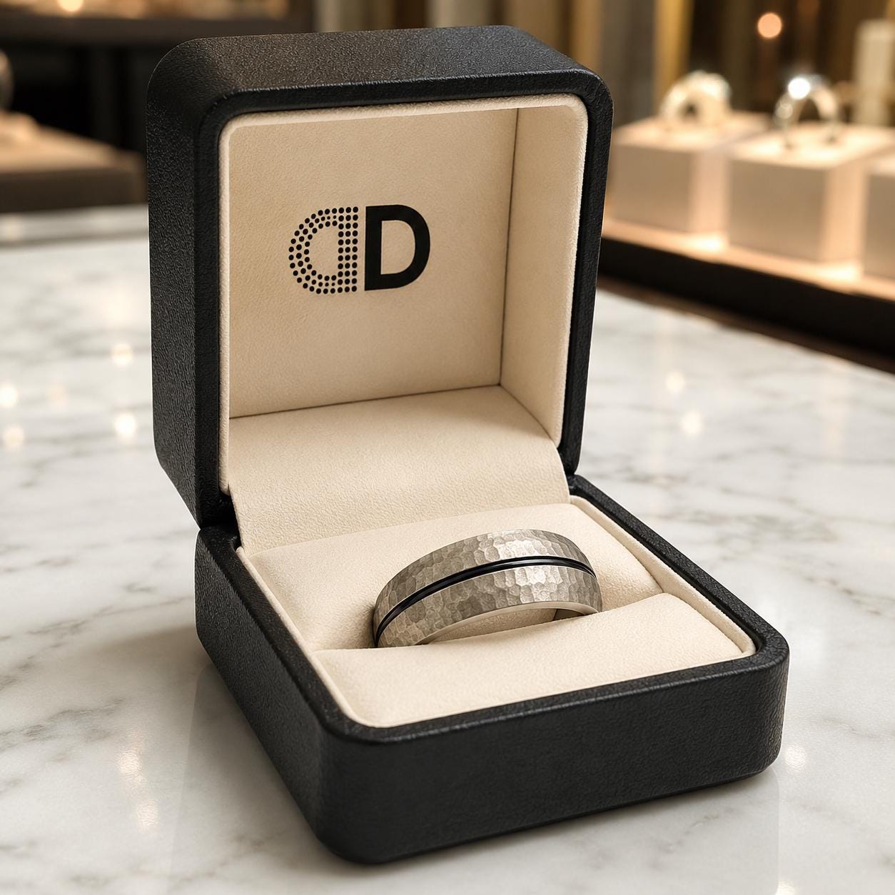 A silver ring is displayed in a black jewelry box on a marble countertop.