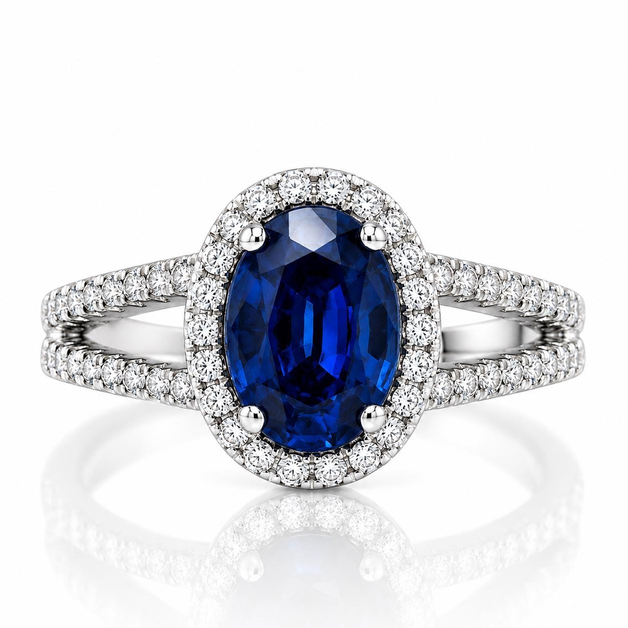 A stunning diamond engagement ring with a large oval-shaped blue gemstone surrounded by a halo of smaller diamonds set in a silver band.